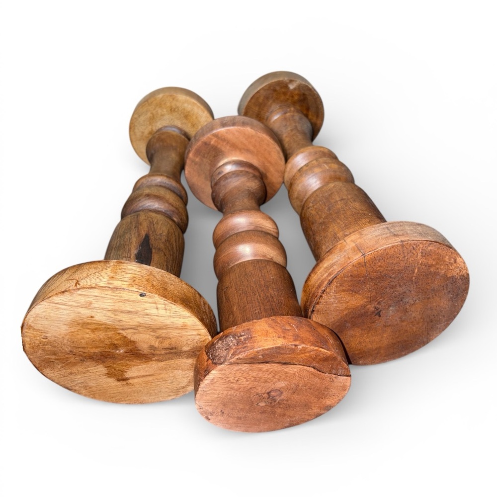 Set of 3 Wooden Pillar Candle Holders Decorative Brown Natural Finish decor - Picture 4 of 7